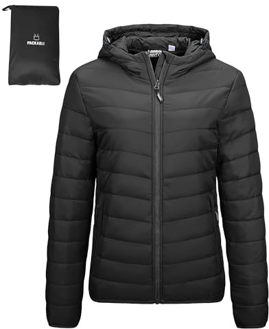 Outdoor Ventures Damen Steppjacke mit Kapuze Packbare Warme Pufferjacke | Leicht, 3 Taschen, Maschinenwäsche, Gefüttert, Wasserabweisend, Winddicht, Übergangsjacke, für Reisen Wandern Outdoor
