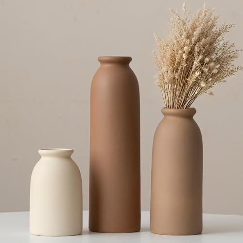 Keramik Vasen 3er-Set, Earth Tone, Kleine Blumenvasen für Pampas Gras und Getrocknete Blumen, Moderne Rustikale Bauernhaus Deko für Regal, Tisch, Bücherregal (Earth Tone L)