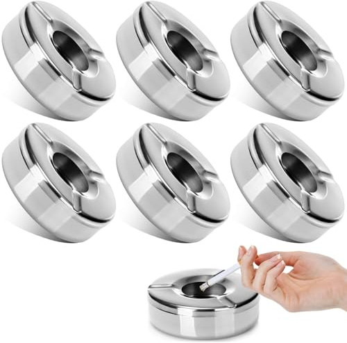 6 Stücke 10cm Aschenbecher Edelstahl Aschenbecher mit Deckel Moderne Tischplatte Windaschenbecher für Draußen Home Office Balkon Partys Outdoor