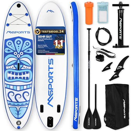 MSPORTS SUP - Stand Up Paddling Board - Aufblasbar Komplettes Paddleboard Zubehör Verstellbares Paddel, hochwertige Pumpe + 2X Paddelstock + wasserdichte Smartphone Tasche + Multifunktionstasche