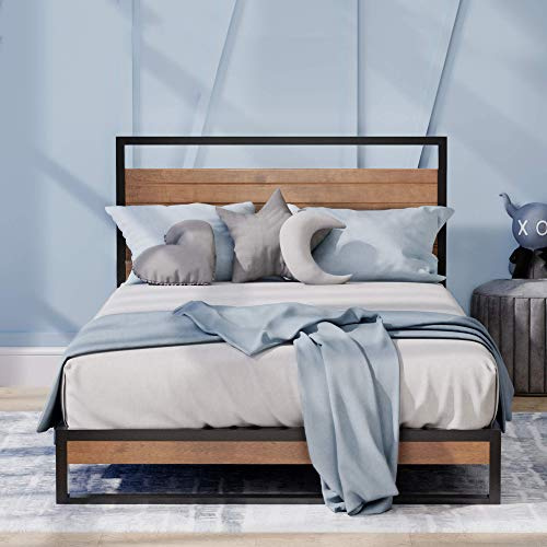 Zinus Suzanne 18 cm Bettrahmen aus Metall und Holz | Massivholz & Stahlkonstruktion | Holzlattenunterstützung | Für Erwachsene, Kinder, Jugendliche | Einfache Montage | 90 x 200 cm | Kastanienbraun