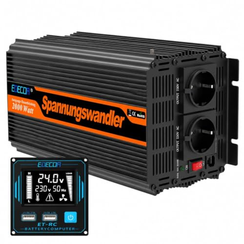 EDECOA Spannungswandler 24v 230v Wechselrichter Reiner Sinus 1500w LCD Konverter 24v auf 230v mit Fernbedienung und 2 USB Wandler 1500w Reiner Sinus (Neue Fernbedienung)