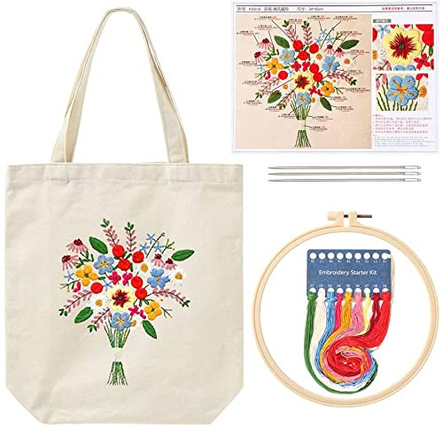 Namvo Stickset für Leinen-Tragetaschen, Stickset für Anfänger mit Muster und Anleitung, inklusive Sticktasche mit Blumenmuster, Stickrahmen, bunten Fäden und Werkzeugen für DIY-Kunst, Handwerk