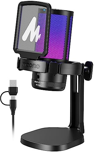 MAONO USB Gaming Mikrofon, Noise Cancellation Kondensator Microphone mit Mute, Gain, Monitoring, Pop-Filter für Streaming, Podcast, Twitch, YouTube, Discord, PC, Computer, PS4&5, Mac, DGM20，Schwarz