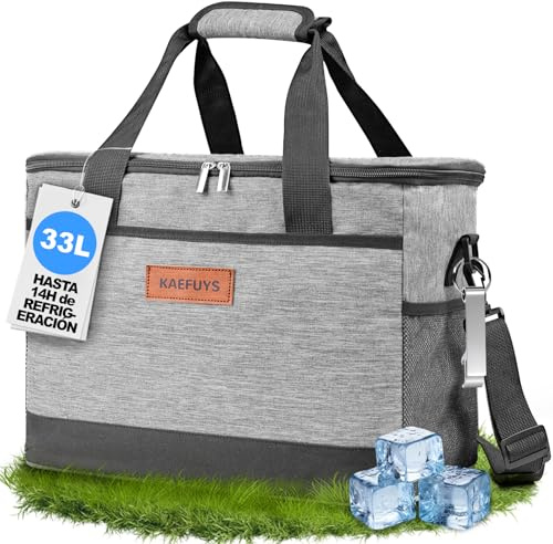 KAEFUYS Kühltasche 33L+14h Kühlung Thermoisoliert Tragbar Faltbar Wasserdicht Groß Picknicktasche für Einkaufen Auto Büro Camping Outdoor Reisen Lebensmitteltransport Proviant Familie Grillen Grau
