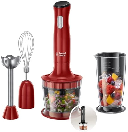 Russell Hobbs Stabmixer [3-in-1: Pürierstab/Zerkleinerer, Mixer- & Schneebesenaufsatz] Desire Rot (BPA-freies & spülmaschinenfestes Zubehör, für Smoothie, Suppen Saucen, Joghurt Babynahrung) 24700-56