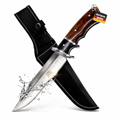 Krollmann GER-SABER Jagdmesser feststehend (28,5cm) – Bowiemesser & Outdoor Messer inkl. Gürtelholster – Robustes Survival Fahrtenmesser für Bushcraft, Jagd & Camping (Holz-Optik)