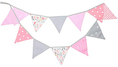 PREMYO Wimpelkette Kinderzimmer Mädchen Stoff - 12 Wimpel Girlande Bunt Beidseitig - Babyzimmer Deko Rosa Grau