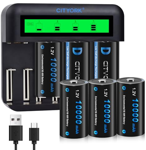 CITYORK Akku Ladegerät mit 6 D Cell 10000mAh wiederaufladbare Batterien mit 8 Slots Batterie Ladegerät für AA AAA CD NI-MH Akku LCD Anzeige