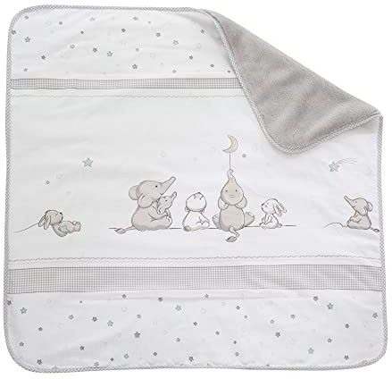 roba Babydecke Sternenzauber - 80 x 80 cm - Baby Kuscheldecke mit Sternen & Elefanten Motiv - Kinderdecke aus weicher Baumwolle - Weiß / Hellgrau