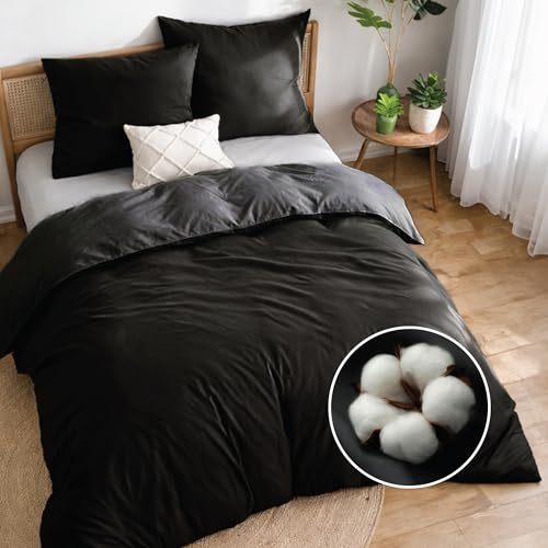 Dreamzie Bettwäsche 200x200 Baumwolle 3teilig - Bettwäsche-Sets mit 2 Kissenbezüge 80x80 - Wendebettwäsche mit Reißverschluss - Oeko-Tex Zertifiziert - Farbe: Schwarz