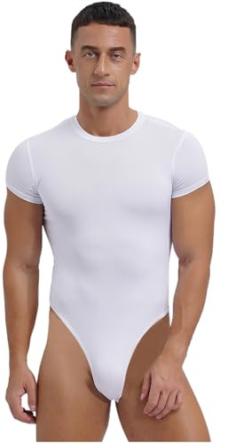 ranrann Männer Body Kurzarm Unterhemd Shirt Eng Bodysuit Einteiler Stringbody Leotard Einfarbig Hohe Beinausschnitt Herren Unterwäsche Dessous Weiß L