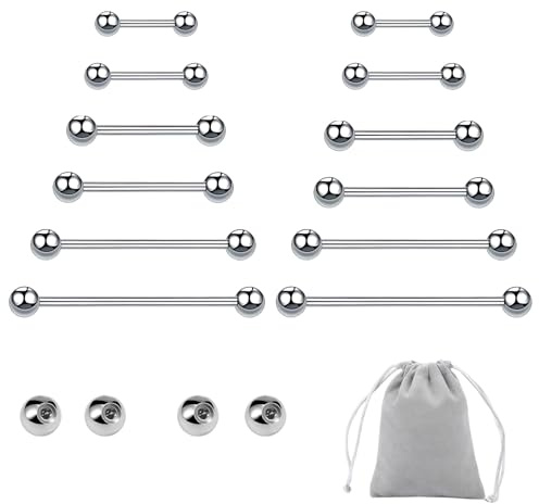 ZexJpr Zungenpiercing Chirurgenstahl, 12 Stück Zungenpiercing mit 4 Ersatzkugeln, 1.6 mm Stärke in verschiedenen Längen, mit Samtbeutel für sichere Aufbewahrun(10/12/14/16/18/20mm)
