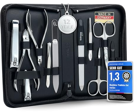 marQus Solingen Maniküre Set - 12 Teile in Echt Leder Etui handlich und weich - Komplettes Kit mit allem für die Hand- und Fußpflege, Nagelset Schwarz