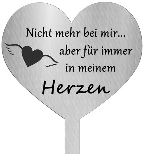 TJUSPIRIT Herz Grabstecker Wetterfest mit Gravur Nicht mehr bei Mir... Aber für Immer in Meinem Herzen. Edelstahl Grabschmuck Grabdekoration