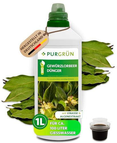 Purgrün® Bio-Gewürzlorbeer-Dünger 1 Liter – Organische Rezeptur – Premium-Flüssigdünger – NPK 4+1+7 – Mit Algenextrakt & Vinasse – Extra Kalium für aromatische Blätter