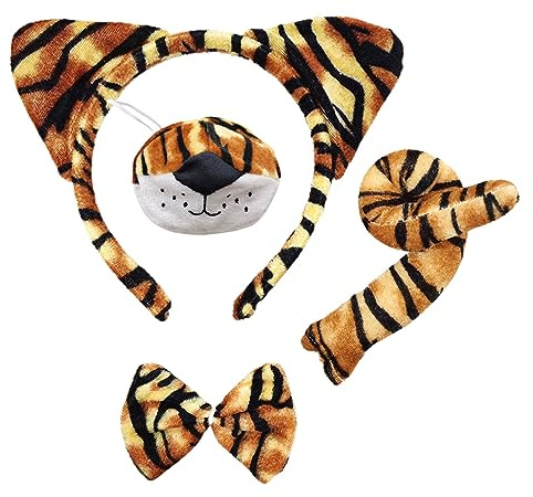 SKHAOVS 4 Stück Tiger Kostüm Set,Anzug mit Tigerohren, Schwanz, Nase und Fliege,Tierkostüm-Set,Tiger-Rollenspiel-Kostüm für Erwachsene Kinder Kindertagsspiele Karnevalsparty Cosplay