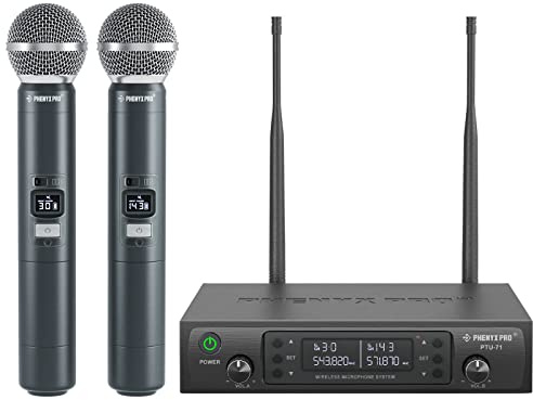 Phenyx Pro Drahtloses Mikrofonsystem, Dynamisches Funkmikrofon, 2x100 Einstellbare UHF Dual, Auto Scan, 328ft Reichweite, Für Gesang, Karaoke, Kirche (PTU-71A)