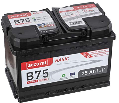 Accurat Basic B75 Autobatterie - 12V, 75Ah, 710A, zyklenfest, wartungsfrei, 30% mehr Startleistung, Ca-Technologie, Pluspol rechts- Starterbatterie, Nassbatterie, Blei-Säure Batterie