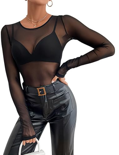 Damen Sexy Netzoberteil Transparent Netz Oberteil Schwarz Mesh Sheer Top mit Rundhalsausschnitt für Clubwear, Partys und Alltagslooks - Weiches, Atmungsaktives Material für Komfort und Stil