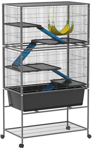 PawHut Kleintierkäfig, Nagerkäfig Frettchenkäfig mit ausziehbarem Tablett Mäusekäfig mit Rampen, Hängematte, Rollen, Ablage, Käfig mit Zubehör für Eichhörnchen, Chinchilla Dunkelgrau