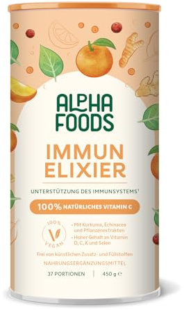 Immun-Elixier | 450g | Immunsystem Stärken | mit Vitamin C, D & K2 pulver, Quercetin, Acerola, Kurkuma, Hagebutten, Selen, Zink, Camu, Echinacea & NAC zur Unterstützung des Immunsystems | Alpha Foods
