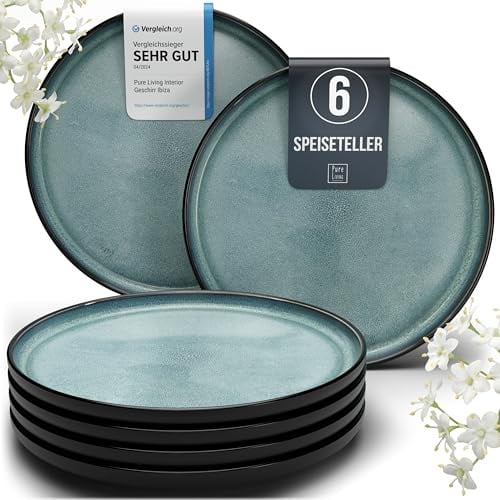 Steingut Teller Groß 6 Personen Ibiza TESTSIEGER, Traumhaftes Mediterranes Steingut Speiseteller Set, Stylisches Essteller Set, Pure Living in Petrol