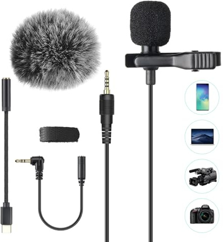 AGPTEK Lavalier Mikrofon, 2m Mini Omnidirectional Kondensator mit 2 Transformation und Type C Adapter und Windschutz für Interview, Videokonferenz, Podcast, Diktat usw.