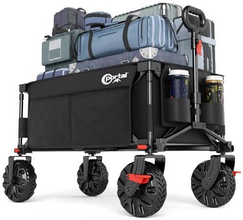 Portal Bollerwagen faltbar größe Reifen mit Bremse Klappwagen Handwagen klappbar mit Seitentasche Faltwagen Gartenwagen Transportwagen für Alle Gelände Camping Strand Einkaufen 150kg Belastbarkeit