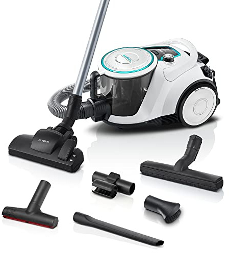 Bosch Staubsauger beutellos Serie 6 BGC41XHYG, Bodenstaubsauger, ideal für Allergiker, Hygiene-Filter, 10 Jahre Motorgarantie, Bodendüse für Parkett, Teppich, starke Saugleistung, leise, 700 W, weiß