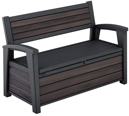 Keter Signature Gartenbank 130x60x85 cm, wetterfeste Aufbewahrungsbank mit 227 Liter Stauraum, Holzdesign Rosewood, 2-Sitzer Sitzgelegenheit, Palisander