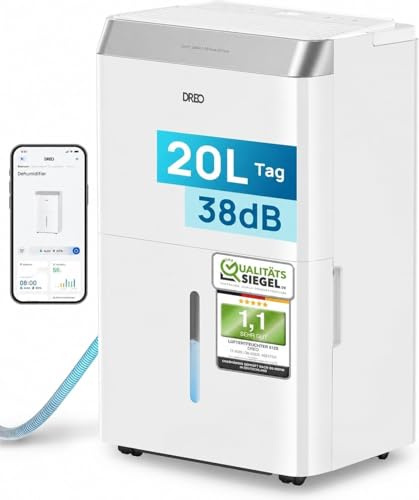 Dreo Luftentfeuchter elektrisch, App & WLAN, 20L/24h, Raumentfeuchter leise 35dB, 40m²/100m³, Entfeuchter energiesparend, 3 Modi, 3,4L Tank, Wäschetrockner & 24h Timer, für Schlafzimmer & Bad & Keller