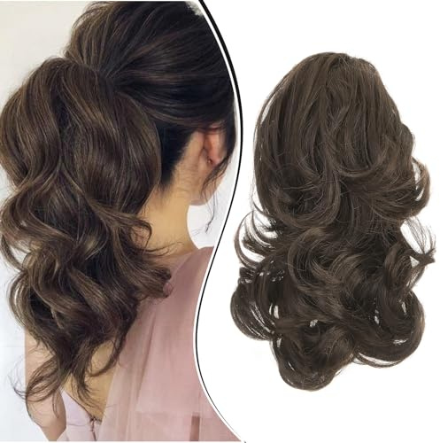 Dcbaboo Pferdeschwanz Haarteil Zopf Extension mit Klammer Wellige Kurz Ponytail Extensions Haarverlängerung Clip Synthetik Gewellte Pferdeschwanz Haarextension Zopf, 30cm Mittel braun