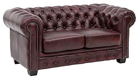 Woodkings Chesterfield Sofa 2-Sitzer Echtleder antik Rot | Couch, Bürosofa, Polstermöbel, englisches Design, Ledersofa, Clubsofa