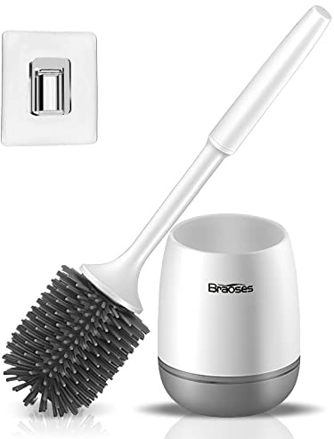 Braoses WC Bürste Wandmontage & Stehen Silikon Toilettenbürste mit Halter Set Langer Stiel klobürste und schnell trocknendem Haltersatz für Badezimmer oder Gäste-WC (Weiß & Grau)