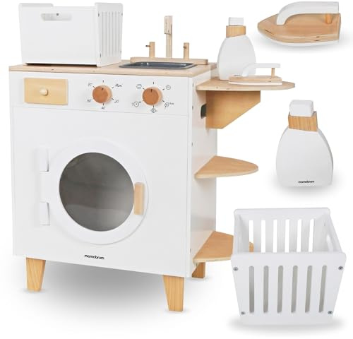 Mamabrum MAM163 Kinder-Waschmaschinen-Set aus Holz, Spielzeug-Einbauwaschmaschine mit Bügeleisen & Wäschekorb - Lernspielzeug für Rollenspiele ab 3 Jahren (4 Teile)
