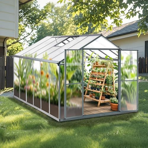 Gegaden Gewächshaus Aluminium für den Garten |Mit 8 cm dickeres Fundament| 361*238*210 cm | Vielseitig nutzbar als Treibhaus Gartenhaus Winterfest Aufzucht Tomatenhaus Frühbeet und Pflanzenhaus Grau