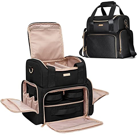 Prokva Große Kosmetiktasche mit 3 Innentaschen für Make-up-Pinsel, Schwarz | Doppellagig, Mehrere Staufächer, Verstellbare Riemen, Nur Leere Tasche