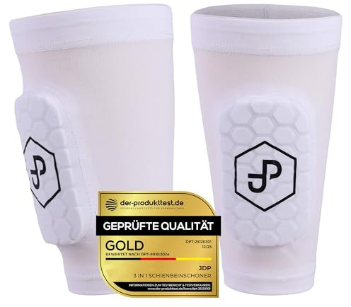 JDP Premium 3in1 Schienbeinschoner, Strumpf mit integriertem Schienbeinschoner Fußball, Schienbein Schoner inkl. Fußballstutzen Kids, Schienbeinschützer Kinder Fussball, Fußballschoner Größe S weiß