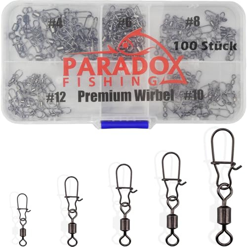 Paradox Fishing Duo Lock Angel Wirbel Set I enthält Größen #4-#12 100 Stück I Wirbel Angeln Wirbel Angel-Zubehör Set Wirbelsortiment Angelwirbel mit Karabiner Karabinerwirbel Angelzubehör