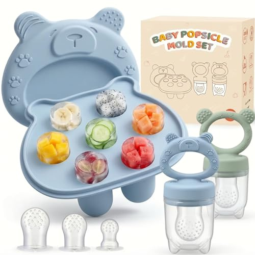 Fruchtsauger Baby ab 6 Monate mit Gefrierschrank Tablett (Blau/Grün 2+1) | 2 Fruchtsauger + 4 Silikonbeutel + 1 Gefrierbehälter, BPA-frei, lebensmittelecht, für Muttermilch & Brei, spülmaschinenfest