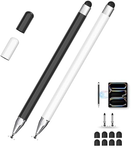 Zcitek 2er-Pack Universal Tablet Stift 2-in-1 mit Dual-Spitze | Kein Aufladen erforderlich, magnetischer Stylus für iPad, Android, Smartphone, Tablet und Nintendo Switch, Weiß/Schwarz