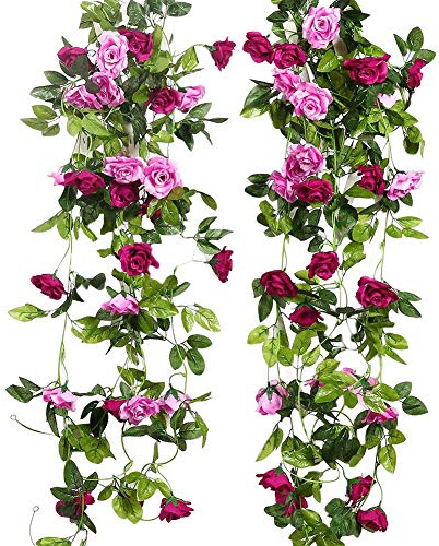 JUSTOYOU 2pcs 7.8FT zweifarbige künstliche gefälschte Rosengirlande Wein hängen Seide Blume künstliche Blume für Außen- und Innenhochzeit Wand schlechte Dekoration (Magenta)