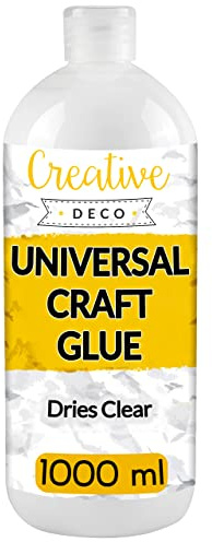 Creative Deco Bastelkleber Universal PVA Kinder 1000ml Basteln Kleber für Papier Holz Glas | Flüssigkleber Leder, Keramik, Filz | Leim Trocknet Klar Transparent Bastelleim Ungiftig Schnell Trocknend