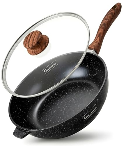Goldmann Tiefe Bratpfanne 24 cm, antihaftbeschichtete Aluminiumgusspfanne mit Deckel, Keramik-Marmor-Beschichtung, induktions- und für alle Herdarten geeignet, PFOA-frei