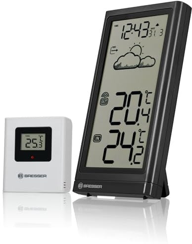 Bresser Wetterstation Funk mit Außensensor Meteo Temp, Thermometer mit Temperaturanzeige für Innen- und Außen, Wettervorhersage, mit ausklappbarem Standfuß und Wandhalterung, schwarz, 8.2x2x15.7 cm