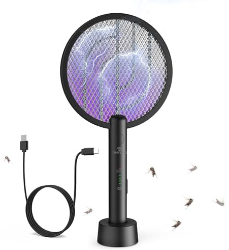 1er Elektrische Fliegenklatsche Schwarz 4000V, Elektrische Mückenklatsche 2in1 Mückenlampe, UV Elektrischer Fliegenfänger Insektenfalle mit Ladestation, USB Aufladbar, Insektenvernichter Innen Außen