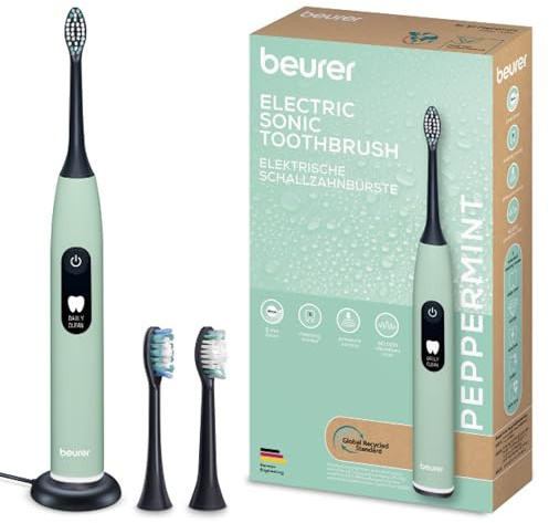 Beurer SC 50 Schallzahnbürste, elektrische Zahnbürste mit 5 Putzmodi & Andrucksensor, 80.000 Schwingungen, Display mit Putzdauer-Anzeige, inkl. 2 Aufsteckbürsten, 100% recyceltes Gehäuse (Peppermint)