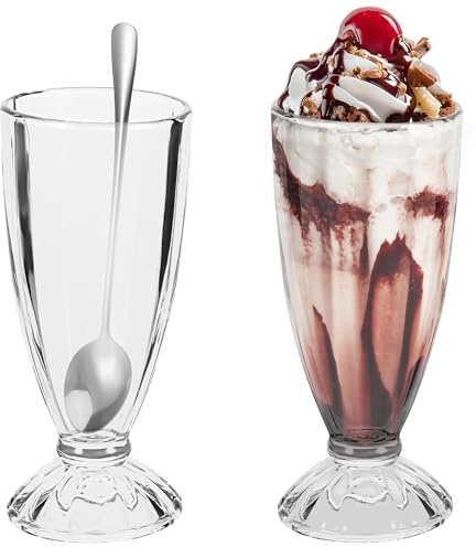 Hejo 2 Stück Eisbecher Glas, Dessertgläser, Eiskaffee Milchshake Gläser | 360ml, wiederverwendbare Eiskaffee Gläser mit Löffeln Iced Coffee Glas mit Fuß, für Eis Dessert Getränke Cocktails