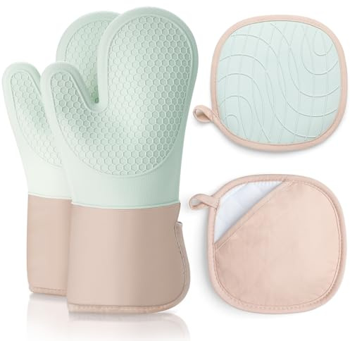 Romon Ofenhandschuhe, Topfhandschuhe Topflappen mit Silikon Handschuh Backofen 4er Set, Hitzebestaendig 350° und Extra Lang Waschbare, Backhandschuhe Kochhandschuhe zum Kochen Backen Grillen, Grün
